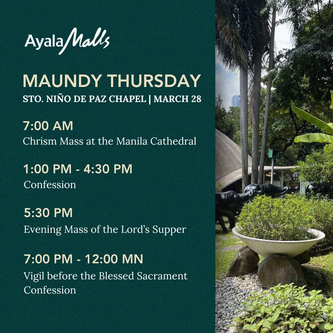 Schedule of maundy thursday services and events at sto. niño de paz chapel on march 28, featuring a morning mass, afternoon confessions, and evening supper followed by an overnight vigil.