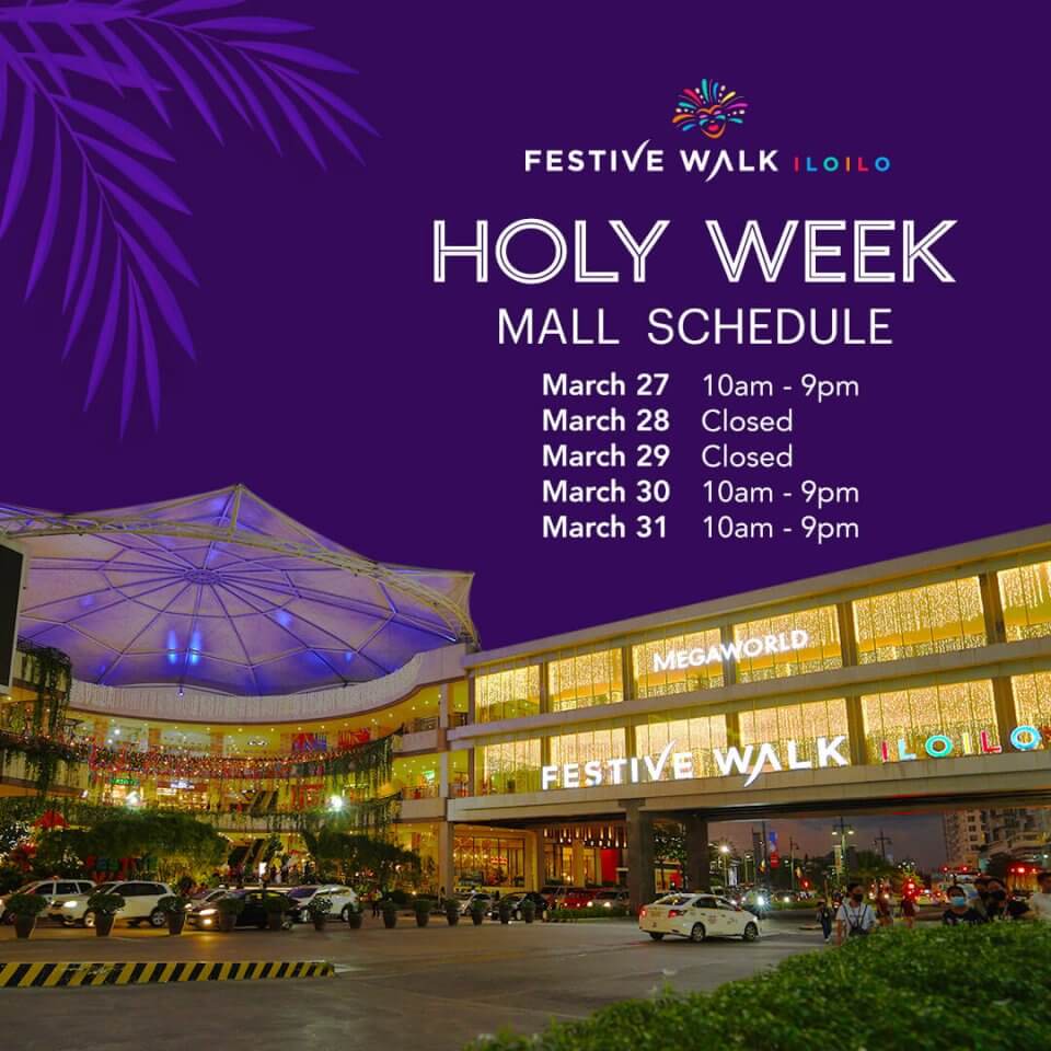A promotional graphic for festive walk iloilo, displaying the mall's holiday schedule with a backdrop of the mall's exterior at night.