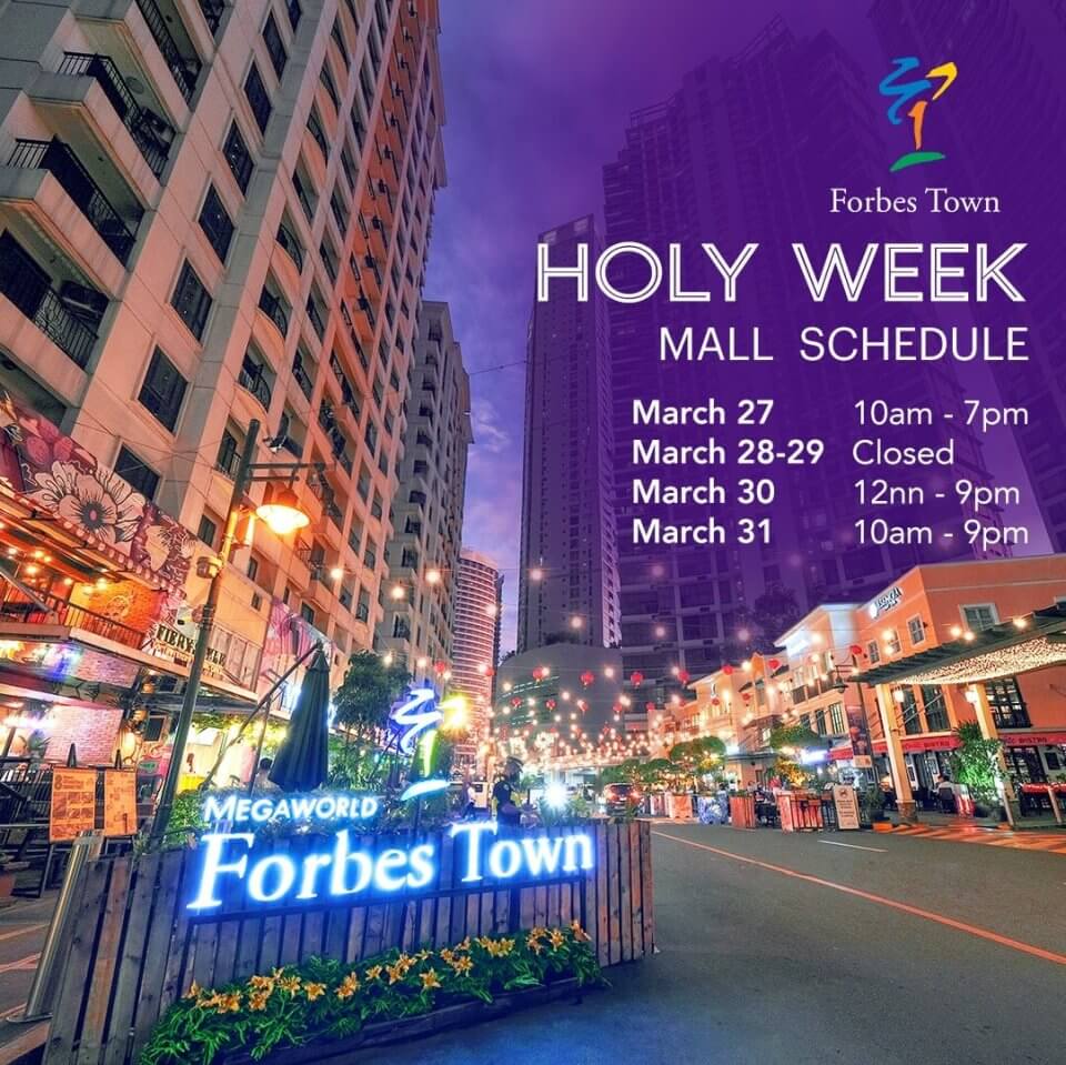 A colorful promotional image displaying the holy week schedule for forbes town against a backdrop of an urban night setting.