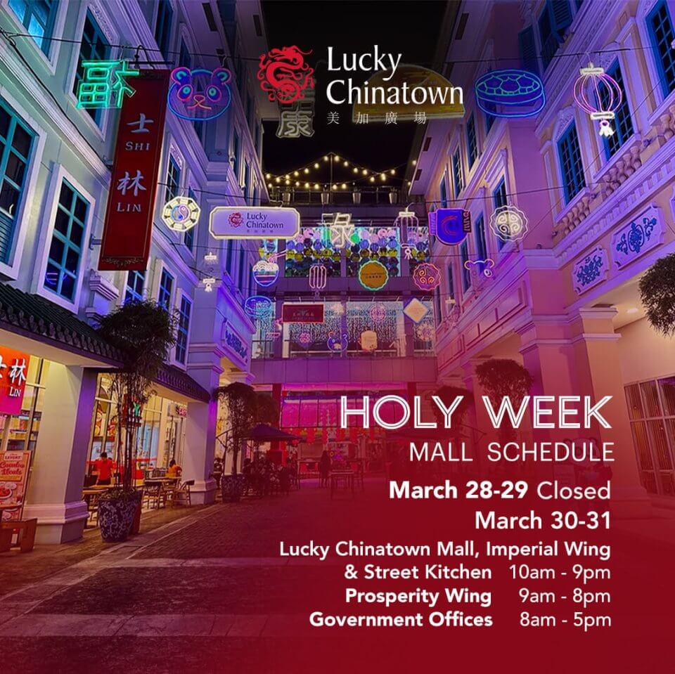 Vibrant night scene at lucky chinatown with notice of holy week schedule.