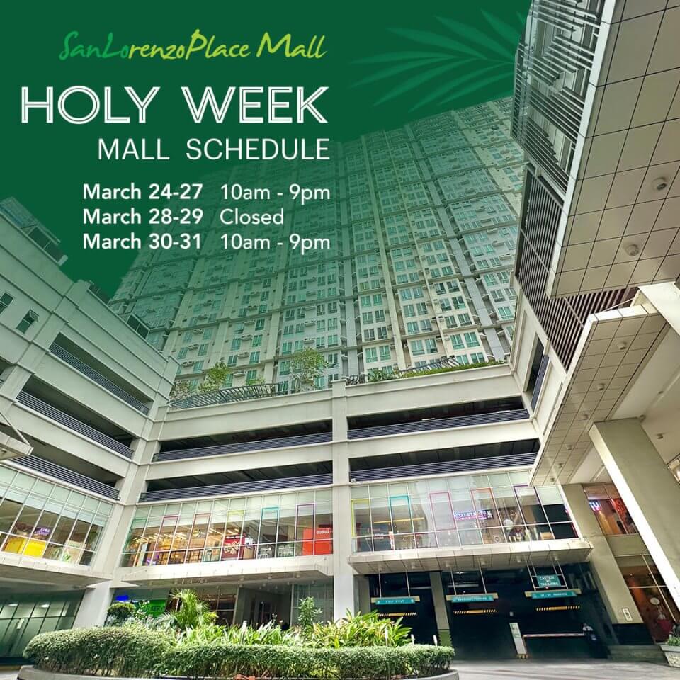 Multi-level shopping center announcing holy week hours.