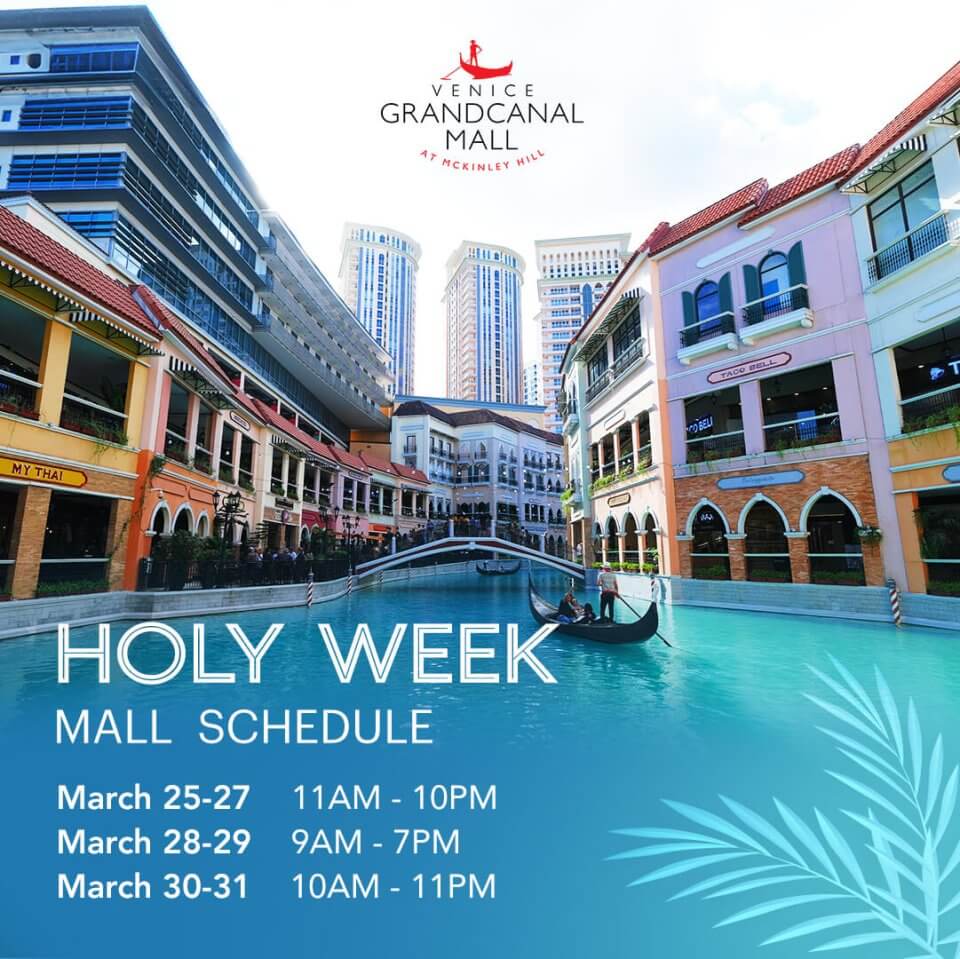 A promotional image for venice grandcanal mall featuring its canal with a gondola, alongside the holy week mall schedule.