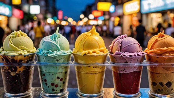 A row of colorful gelato cups on a busy street at dusk. The flavors, from left to right, are green tea, mint, mango, and raspberry. Each cup is topped with a matching