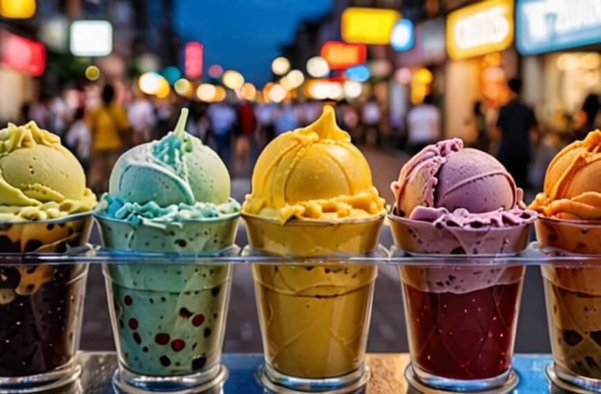 A row of colorful gelato cups on a busy street at dusk. The flavors, from left to right, are green tea, mint, mango, and raspberry. Each cup is topped with a matching