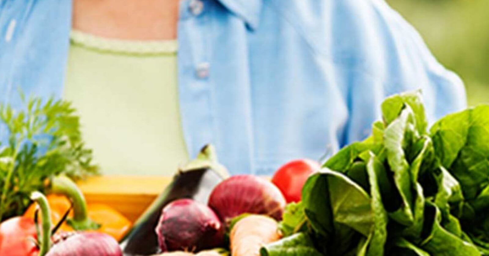 A person holding a wooden basket full of vibrant fresh vegetables including red apples, green lettuce, and purple beets, all sourced from organic hotspots, with a focus on healthy eating. The person wears a light green shirt and blue jacket.