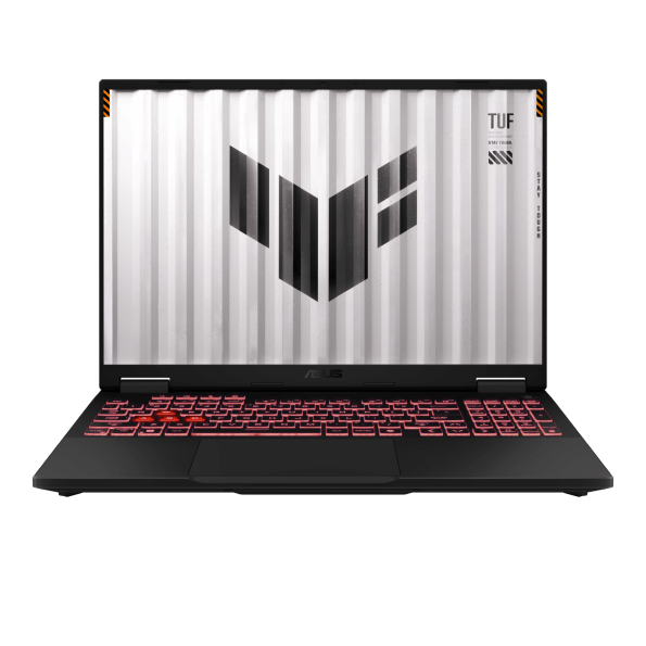 An ASUS TUF gaming laptop with an illuminated keyboard featuring red backlighting. The screen displays a minimalist design with a white background and a large black geometric logo at the center. The word "TUF" is visible in the top right corner of the screen, available in select Concept Stores in Metro Manila.