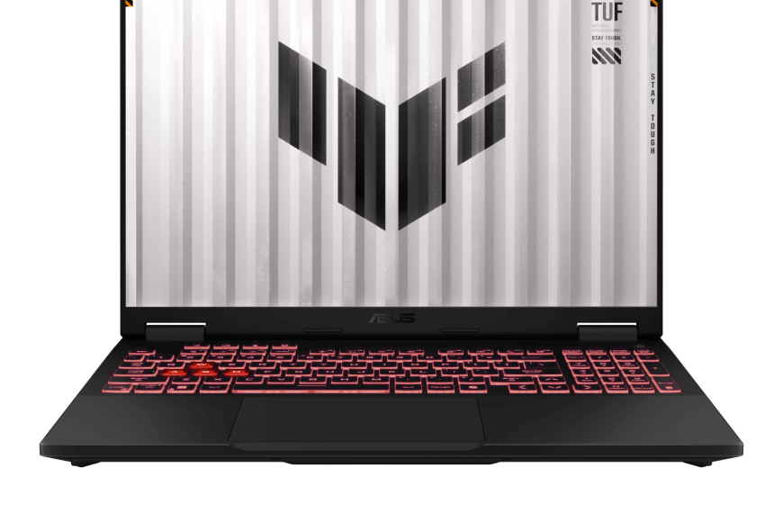 An ASUS TUF gaming laptop with an illuminated keyboard featuring red backlighting. The screen displays a minimalist design with a white background and a large black geometric logo at the center. The word "TUF" is visible in the top right corner of the screen, available in select Concept Stores in Metro Manila.