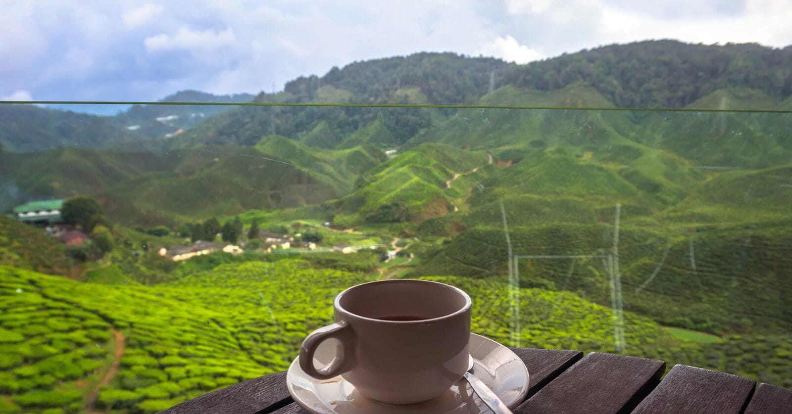 A white cup and saucer with a hot beverage sit on a wooden table in the foreground. The background reveals a breathtaking view of lush, green hills and valleys in Baguio under a partly cloudy sky, with a glass barrier providing an unobstructed scenic vista. It's truly a must-visit coffee shop experience.