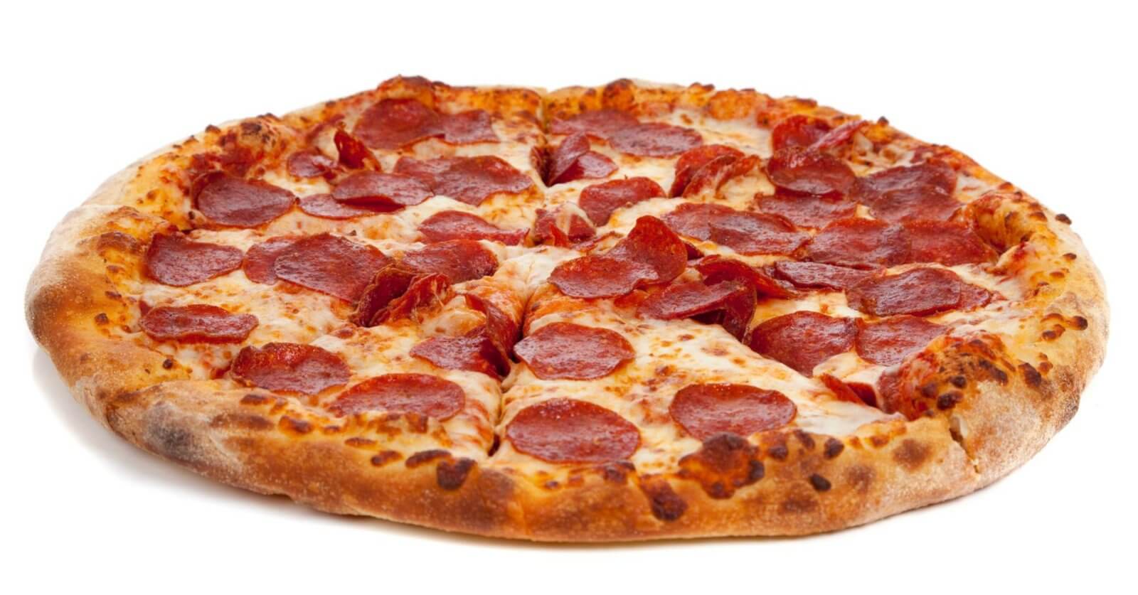 A whole pepperoni pizza from Angel's Pizza in the Philippines sits on a white background. It boasts a golden-brown, crispy crust, topped with melted cheese and evenly distributed pepperoni slices. The cheese is slightly browned in spots, indicating it's freshly baked to perfection.