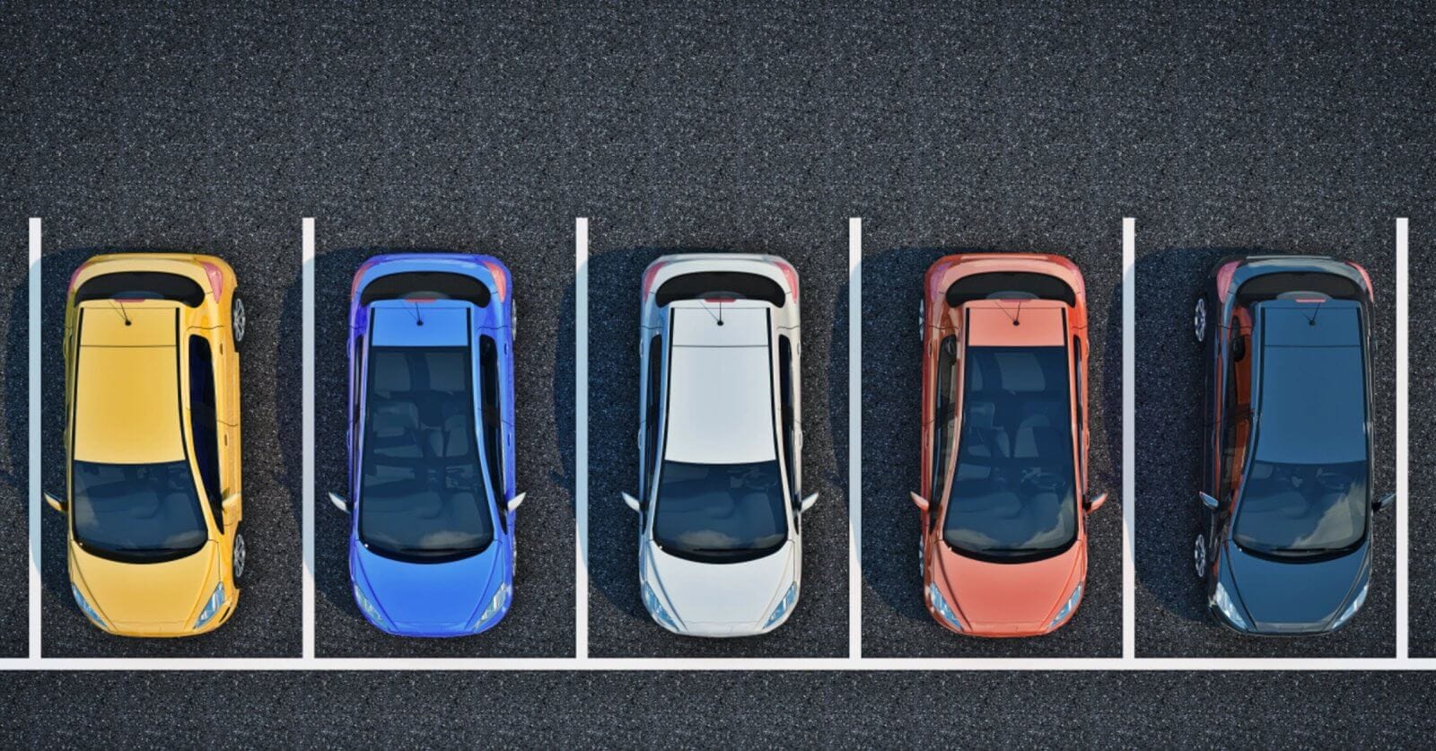 A top-down view of a parking lot shows five cars parked in a row, each in separate parking spots. The cars are, from left to right, yellow, blue, white, red, and black. The parking spots are outlined with white lines on the asphalt surface. It's a BGC designed for a stress-free experience.