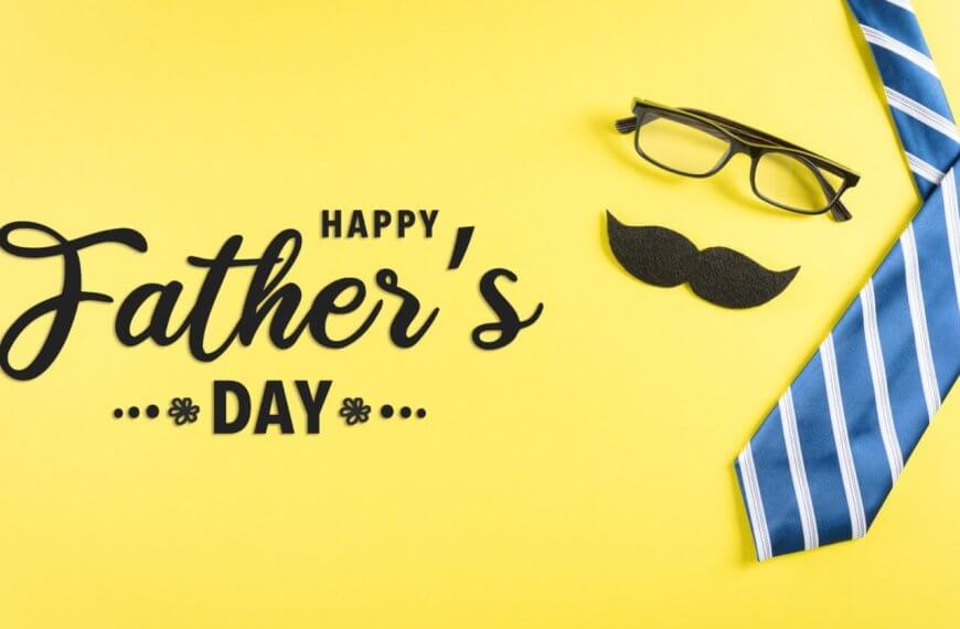 A bright yellow background showcases a pair of black glasses, a black mustache cutout, and a blue and white striped necktie. The bold, black text reads "Happy Father's Day" with small decorative floral elements on either side. Perfect for heartfelt messages or gift ideas to make the day special.