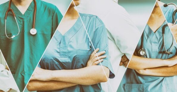 A collage of medical professionals wearing scrubs and stethoscopes, shown from the shoulders down. The image features a mix of green and blue scrub colors. Some are depicted with arms crossed, hinting at a confident posture. The overall theme emphasizes healthcare and teamwork at Healthway Clinics in Metro Manila.