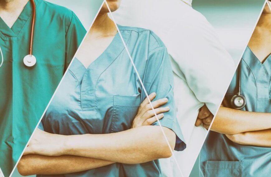 A collage of medical professionals wearing scrubs and stethoscopes, shown from the shoulders down. The image features a mix of green and blue scrub colors. Some are depicted with arms crossed, hinting at a confident posture. The overall theme emphasizes healthcare and teamwork at Healthway Clinics in Metro Manila.