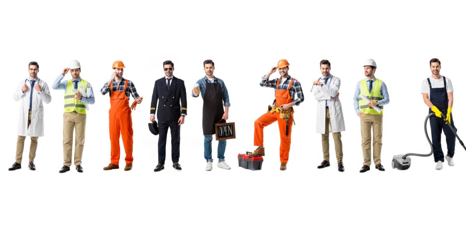 A man is shown in nine different occupational outfits, representing some of the world's most in demand jobs, against a white background. From left to right: doctor, construction worker, businessman, waiter, shop owner, engineer, painter, chef, and cleaner. Each costume includes typical tools or accessories.