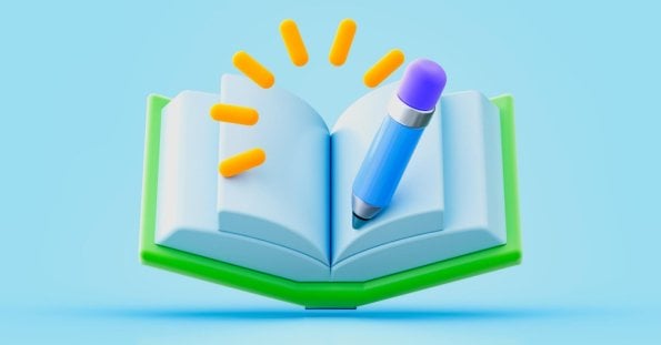 A 3D illustration features an open book with a green cover set against a light blue background. A blue and purple pencil is placed diagonally on the right page. Yellow lines emanate from the book, suggesting light or excitement. The image conveys themes of learning, creativity, or storytelling, ideal for Education Taguig initiatives.