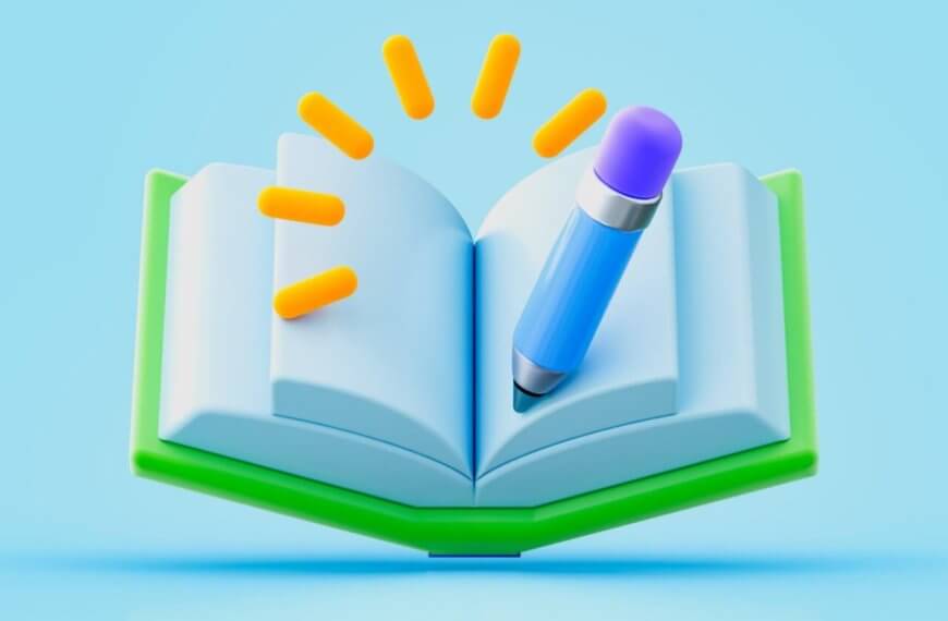 A 3D illustration features an open book with a green cover set against a light blue background. A blue and purple pencil is placed diagonally on the right page. Yellow lines emanate from the book, suggesting light or excitement. The image conveys themes of learning, creativity, or storytelling, ideal for Education Taguig initiatives.