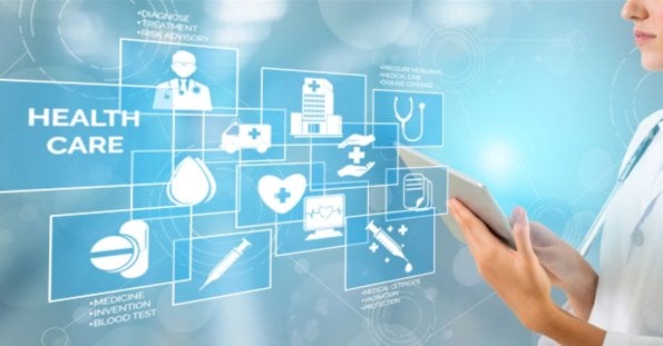 A healthcare professional in a white coat holds a tablet. Various healthcare-related icons, such as a hospital, ambulance, stethoscope, heart, and syringe, are displayed in a futuristic digital overlay. The background is a blue gradient with light effects, emphasizing the tech-driven services available across Watsons branches in Metro Manila.
