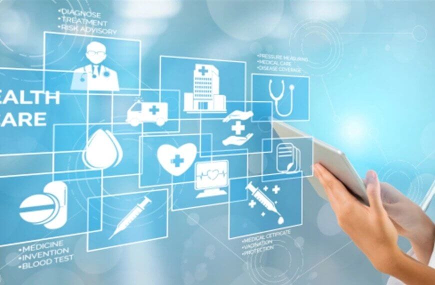 A healthcare professional in a white coat holds a tablet. Various healthcare-related icons, such as a hospital, ambulance, stethoscope, heart, and syringe, are displayed in a futuristic digital overlay. The background is a blue gradient with light effects, emphasizing the tech-driven services available across Watsons branches in Metro Manila.