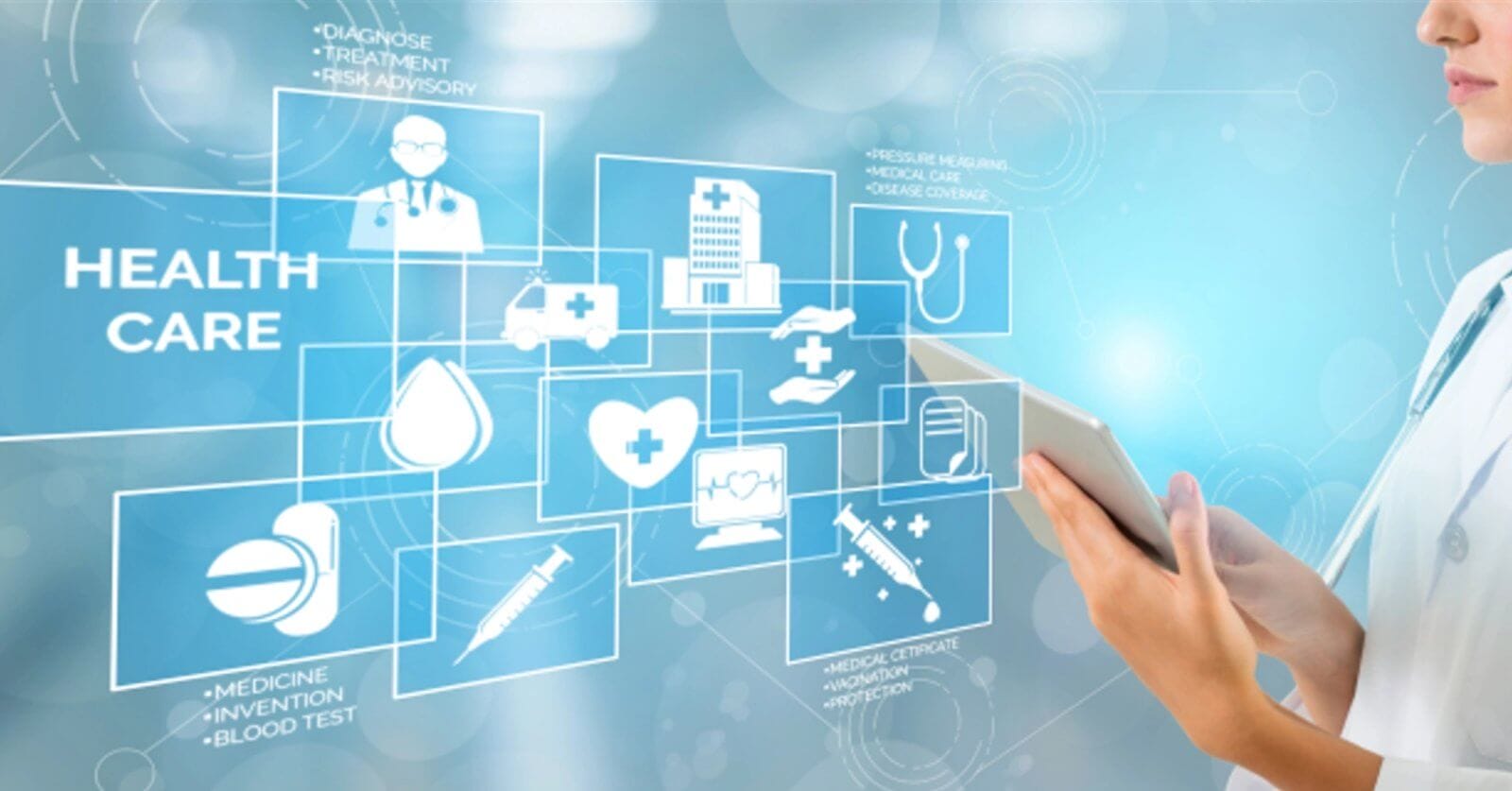 A healthcare professional in a white coat holds a tablet. Various healthcare-related icons, such as a hospital, ambulance, stethoscope, heart, and syringe, are displayed in a futuristic digital overlay. The background is a blue gradient with light effects, emphasizing the tech-driven services available across Watsons branches in Metro Manila.