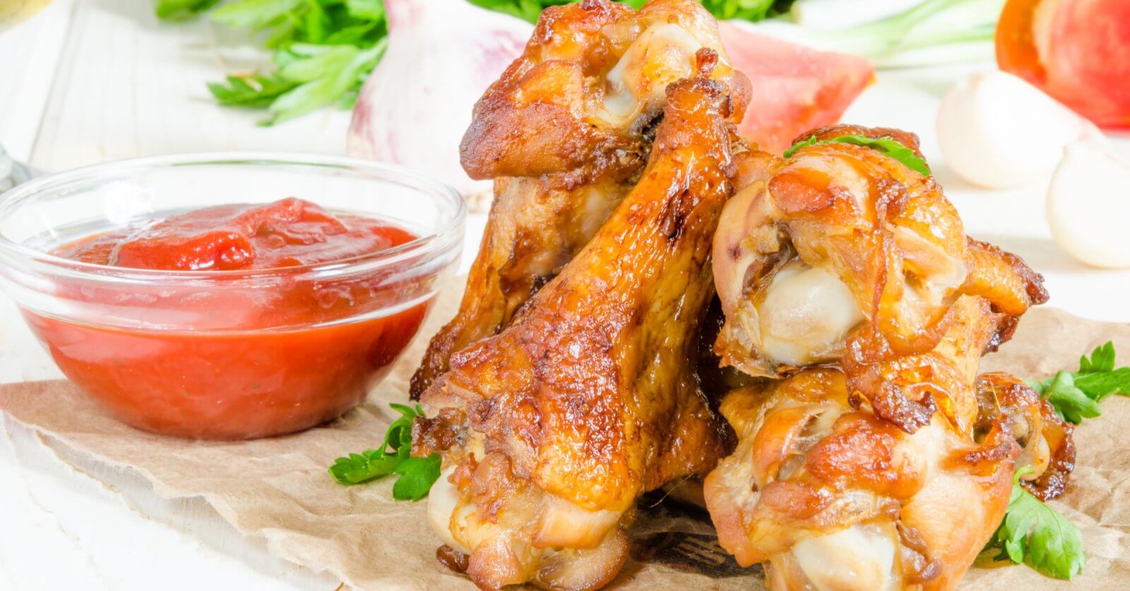A close-up of golden-brown, crispy Korean chicken wings stacked on a rustic surface, garnished with fresh parsley. A small, clear bowl of red ketchup is positioned to the left. In the blurred background, there are assorted vegetables, including green herbs and garlic cloves—a scene reminiscent of Metro Manila's popular beer spots.