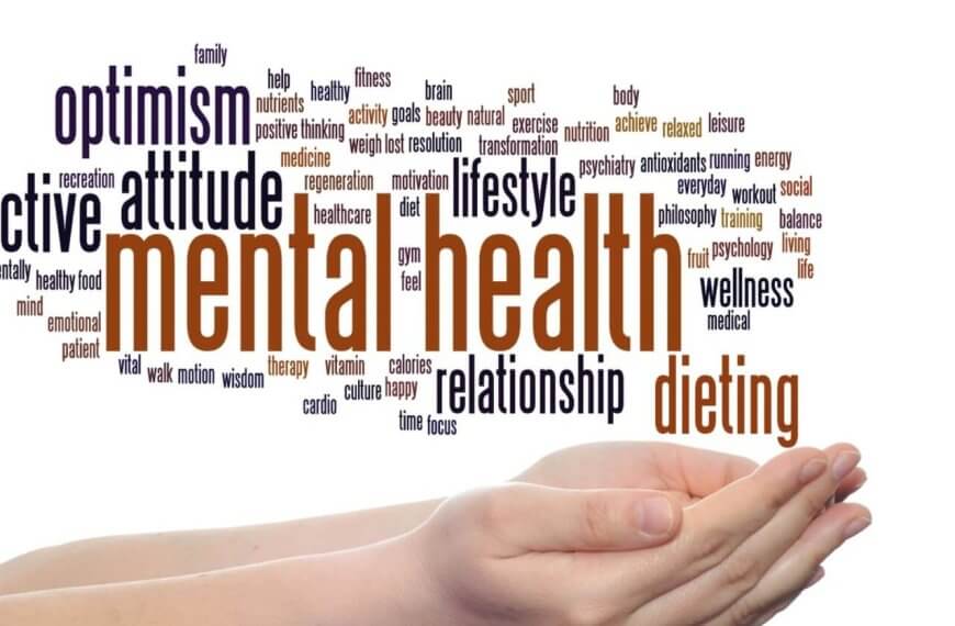 A pair of cupped hands is positioned below a floating word cloud featuring terms related to well-being, with "mental health" prominently displayed in large text. Surrounding words include "optimism," "active," "attitude," and more. This visual represents top mental health services available in Metro Manila.