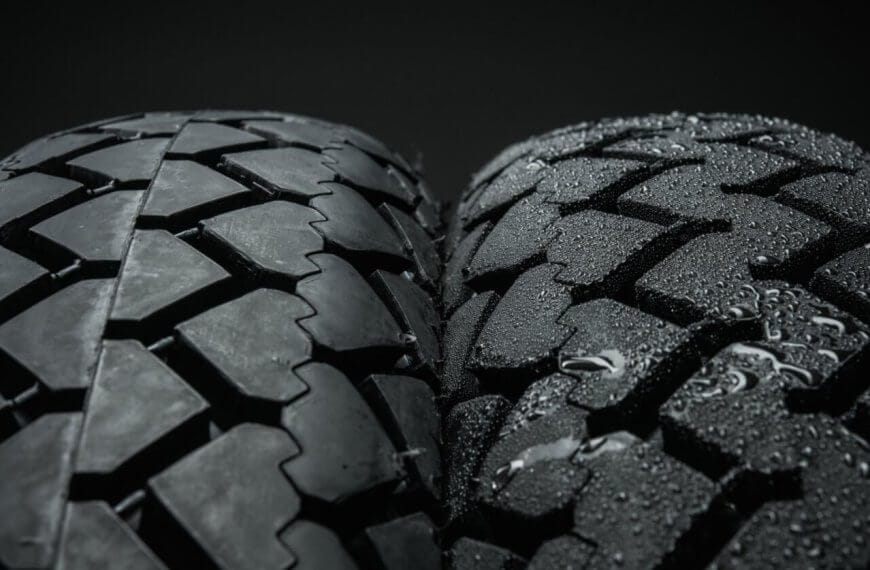 Close-up view of two motorcycle tires side by side against a black background. The tire on the left features a smooth tread, while the tire on the right has a rough tread pattern and is covered in water droplets, suggesting wet conditions. Both treads have interlocking block designs from top suppliers in Metro Manila.