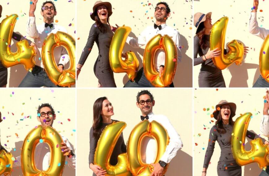 A collage of six celebratory images featuring a man and a woman holding gold balloons that form the number "40" against a light-colored wall. They are smiling, laughing, and surrounded by colorful confetti. With Photo Booth Rentals in Metro Manila, capturing such joyful moments becomes even more memorable!