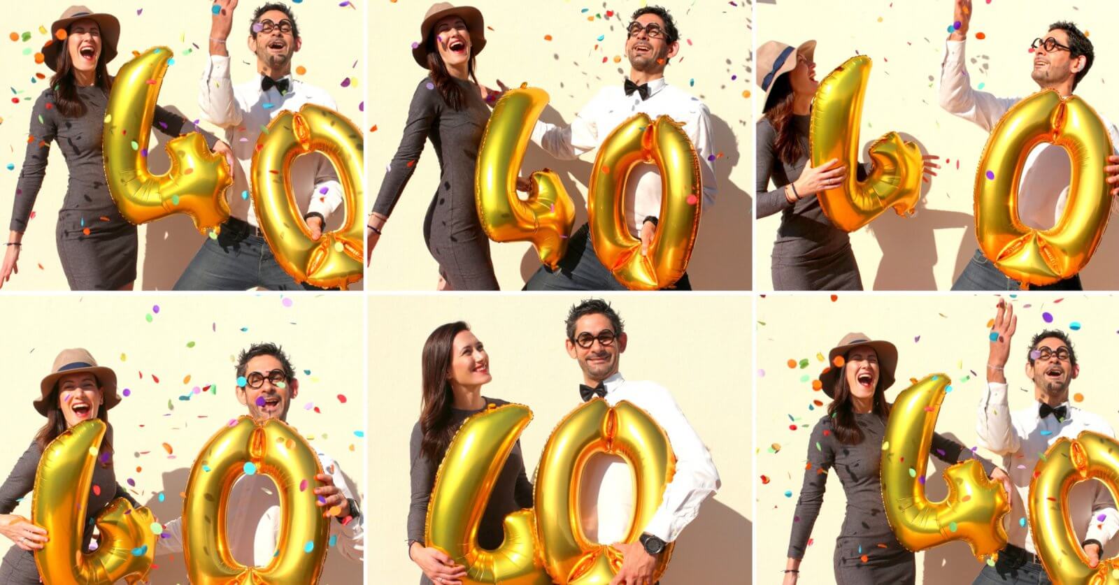 A collage of six celebratory images featuring a man and a woman holding gold balloons that form the number "40" against a light-colored wall. They are smiling, laughing, and surrounded by colorful confetti. With Photo Booth Rentals in Metro Manila, capturing such joyful moments becomes even more memorable!