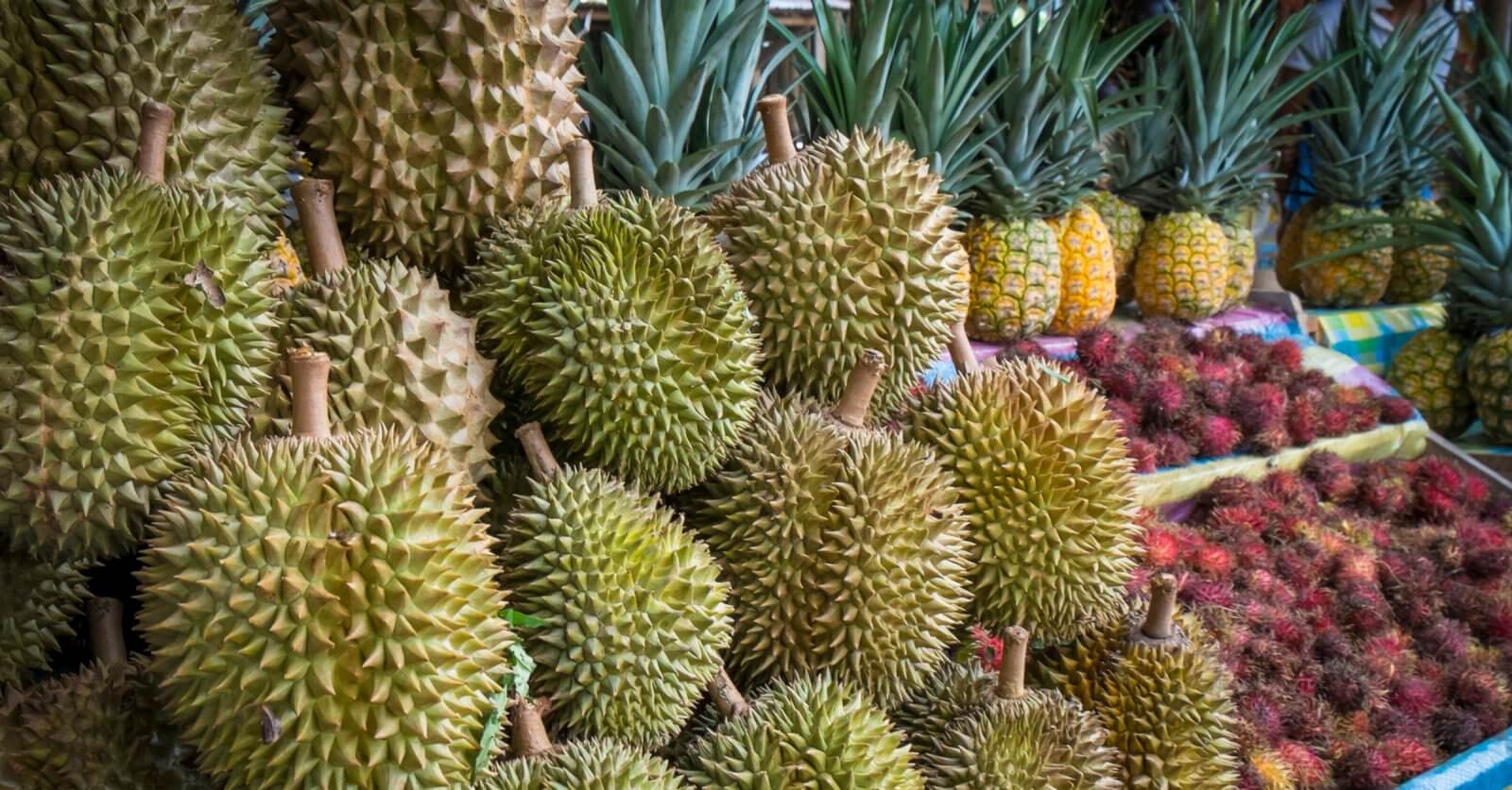 A market display in the Davao Region features a large pile of spiky durians in the foreground. Behind the durians are fresh pineapples with their green leaves. Further back, piles of red rambutan fruits with hairy exteriors add to the vibrant colors and textures, perfectly showcasing Region 11's tropical bounty.