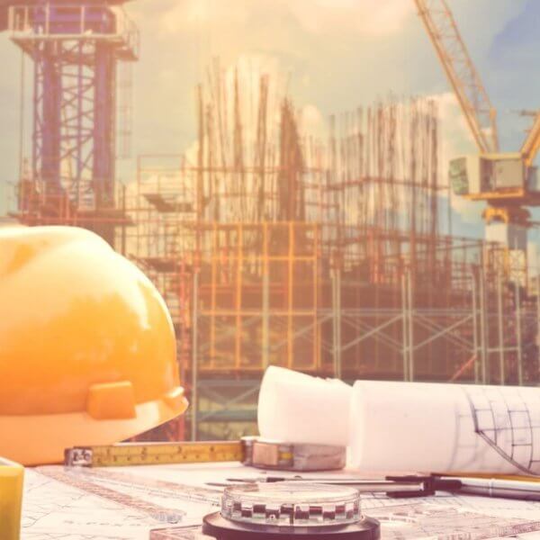 A construction site with cranes and scaffolding rises under Manila's blue sky. In the foreground, a yellow hard hat, rolled blueprints, a measuring tape, and a compass rest on a table, symbolizing architectural planning backed by construction supply companies known for quality and reliability.