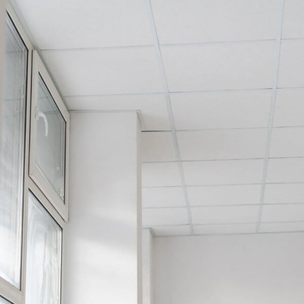 The white room features a grid-patterned drop ceiling with high-quality ceiling tiles, and large windows on the left side let in natural light.