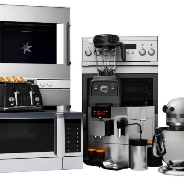 Discover a stylish collection of kitchen essentials, including a stainless steel toaster with toast, microwave, coffee maker with cups, blender, oven, and stand mixer. Perfectly arranged against a white background, these appliances are available at leading home appliance stores in Metro Manila.