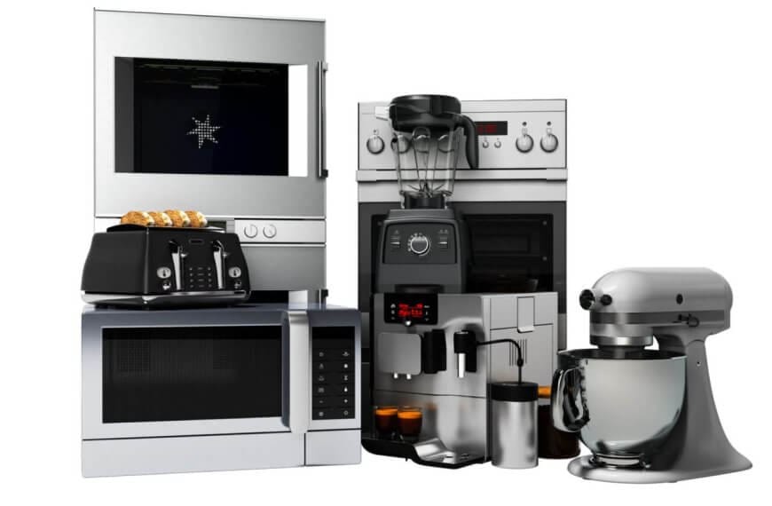 Discover a stylish collection of kitchen essentials, including a stainless steel toaster with toast, microwave, coffee maker with cups, blender, oven, and stand mixer. Perfectly arranged against a white background, these appliances are available at leading home appliance stores in Metro Manila.