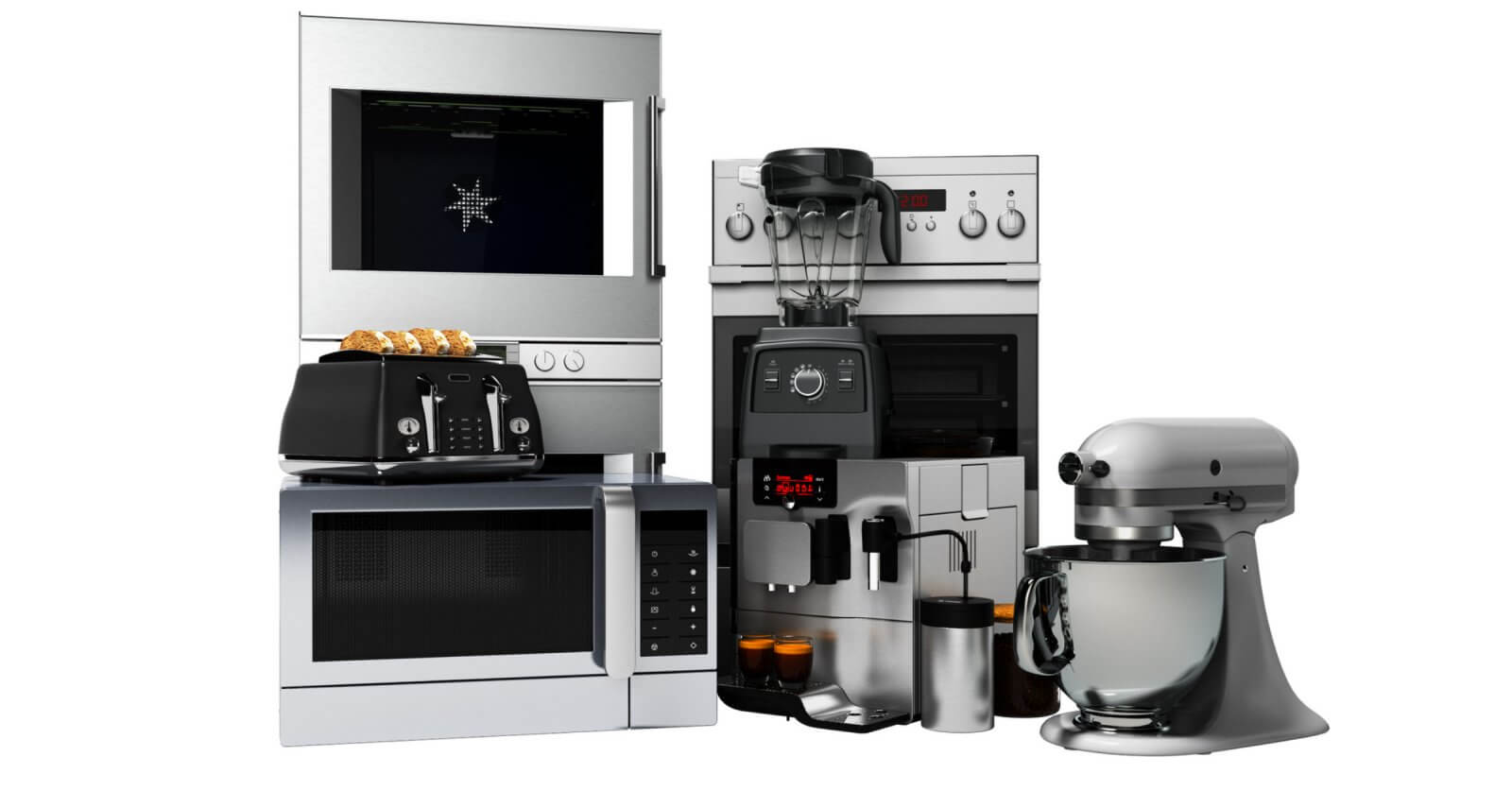 Discover a stylish collection of kitchen essentials, including a stainless steel toaster with toast, microwave, coffee maker with cups, blender, oven, and stand mixer. Perfectly arranged against a white background, these appliances are available at leading home appliance stores in Metro Manila.