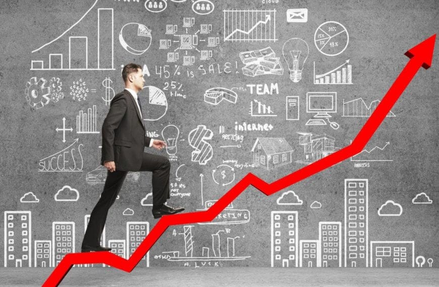 A man in a suit strides up a red arrow, surrounded by business doodles and city buildings, symbolizing the growth of Negosyo Centers in the Philippines.