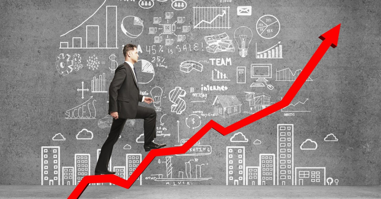 A man in a suit strides up a red arrow, surrounded by business doodles and city buildings, symbolizing the growth of Negosyo Centers in the Philippines.