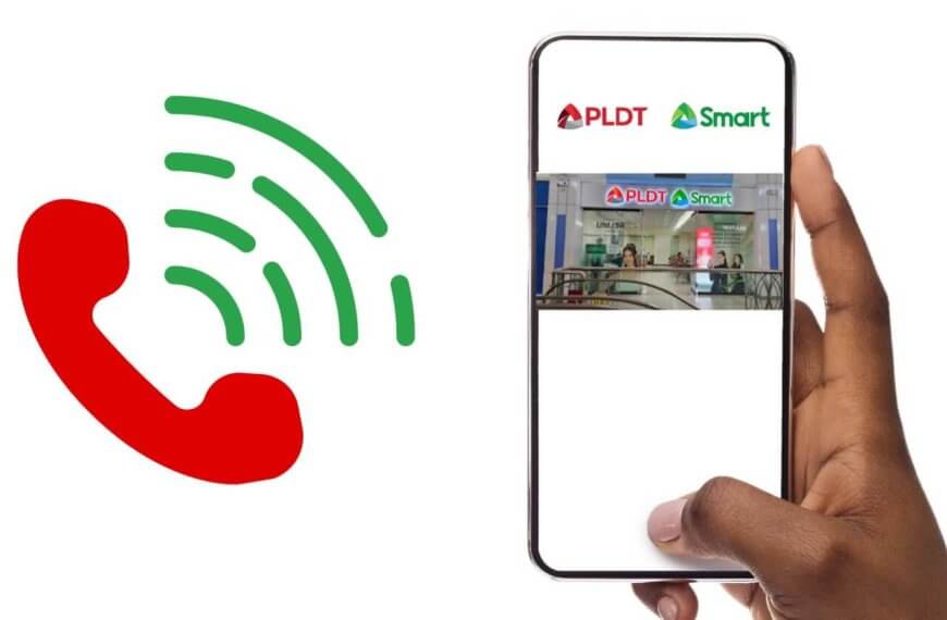 A hand holds a smartphone displaying an Experience Hub Center in Metro Manila, showcasing the PLDT SMART store interior with branding. To the left, a large red phone icon with green signal waves depicts communication. The white background emphasizes the phone and logo elements.