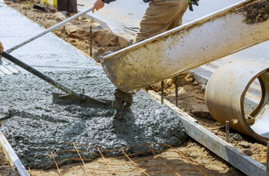 Two workers in Metro Manila pour concrete from a large chute to create a sidewalk. One uses a rake to spread the wet mix evenly. Metal reinforcing bars are visible, and a large concrete pipe lies nearby. The scene is outdoors, amid dirt and construction materials supplied by local concrete mix suppliers.