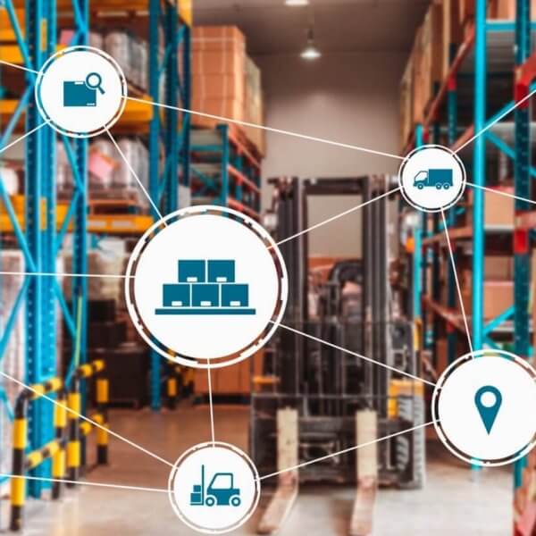 A warehouse with shelves of boxes and pallets connected by digital icons symbolizing logistics. These depict tracking, transportation, and inventory management within the vibrant network of wholesale suppliers in Metro Manila's supply chain ecosystem.