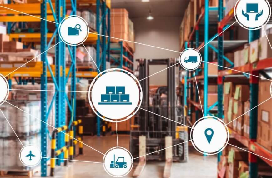 A warehouse with shelves of boxes and pallets connected by digital icons symbolizing logistics. These depict tracking, transportation, and inventory management within the vibrant network of wholesale suppliers in Metro Manila's supply chain ecosystem.