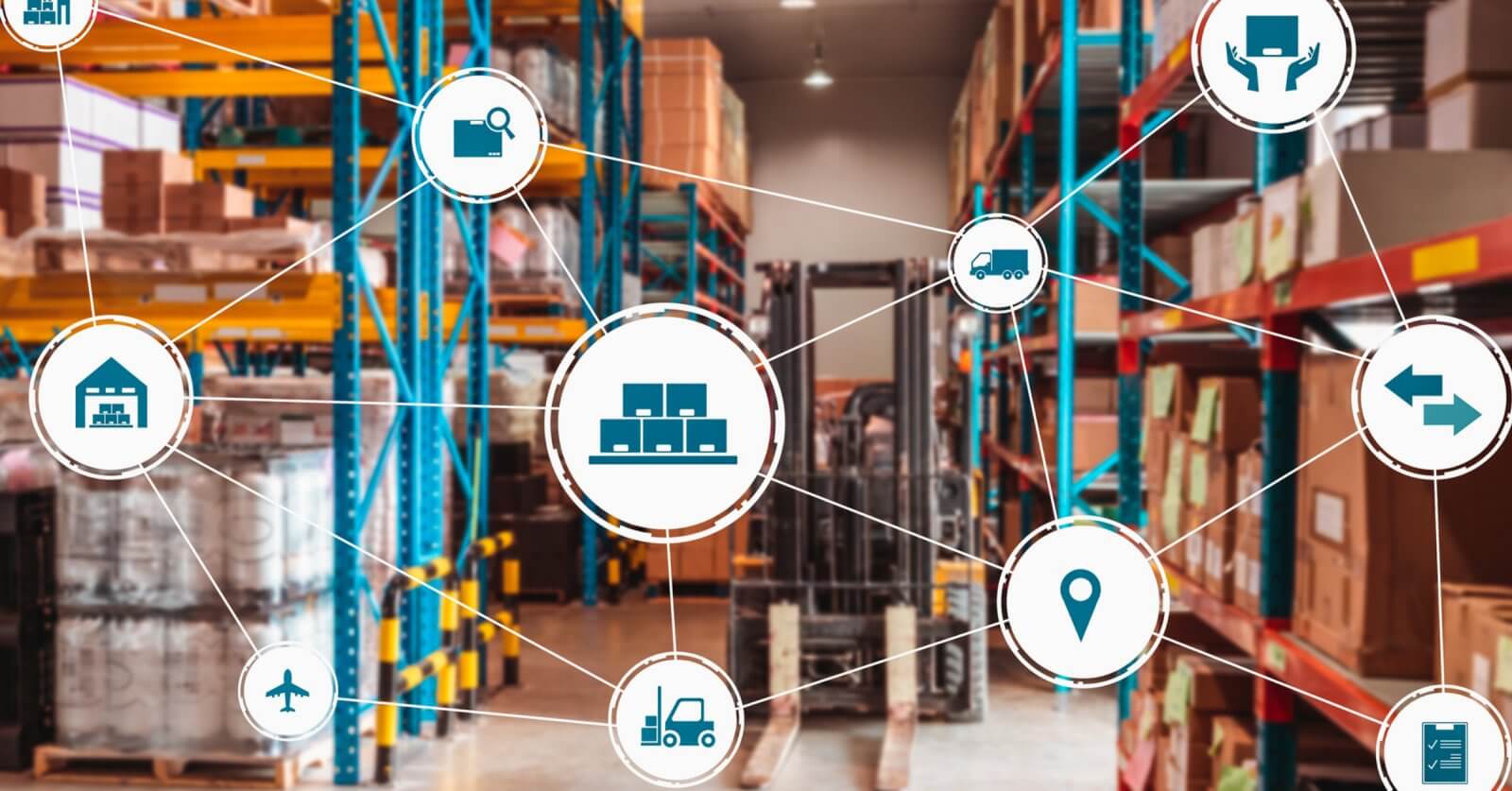 A warehouse with shelves of boxes and pallets connected by digital icons symbolizing logistics. These depict tracking, transportation, and inventory management within the vibrant network of wholesale suppliers in Metro Manila's supply chain ecosystem.