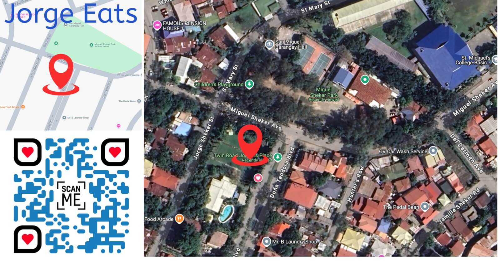 Map illustrating Jorge Eats location in Iligan City with a QR code aerial perspective and nearby landmarks like parks and shops ideal for anyone seeking bustling commercial space