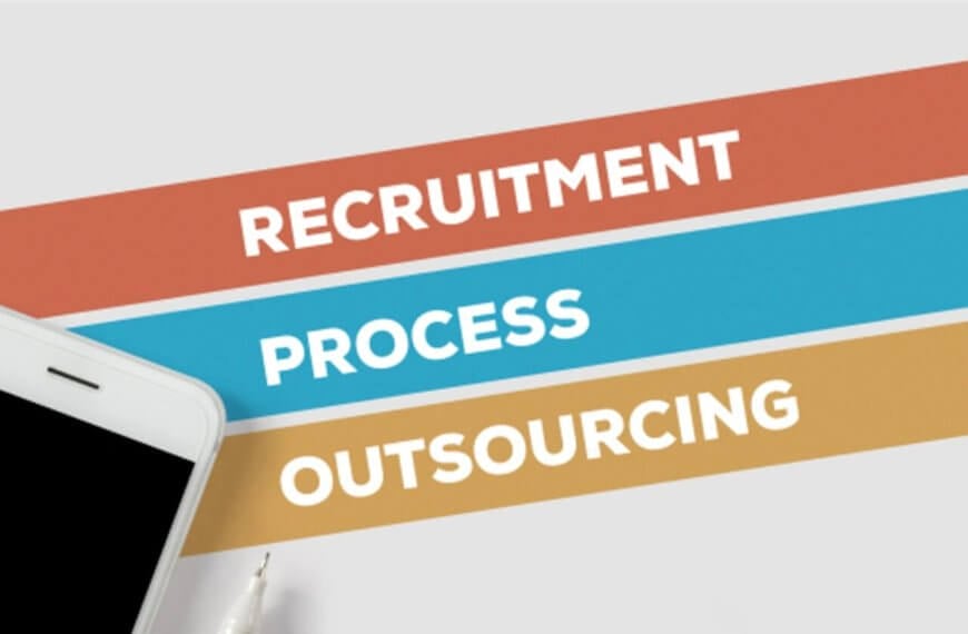 A smartphone and pen sit beside horizontal bars labeled Recruitment, Process, and Outsourcing on a white background, evoking the synergy of BPO operations in dynamic hubs like Bonifacio Global City.