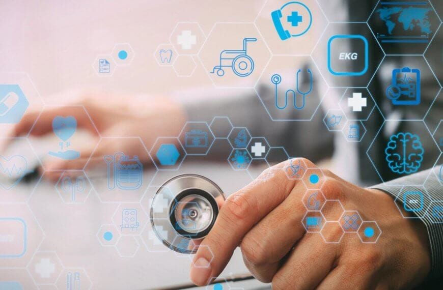 Hands holding a stethoscope with medical icons and hexagons overlayed, symbolizing digital healthcare innovation in Metro Manila.