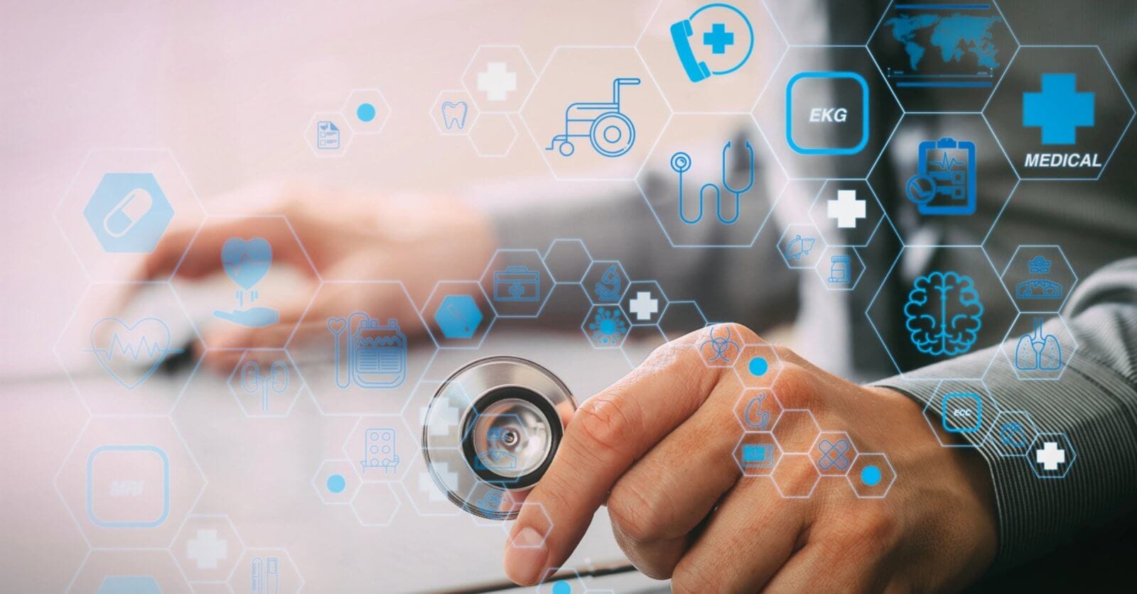 Hands holding a stethoscope with medical icons and hexagons overlayed, symbolizing digital healthcare innovation in Metro Manila.