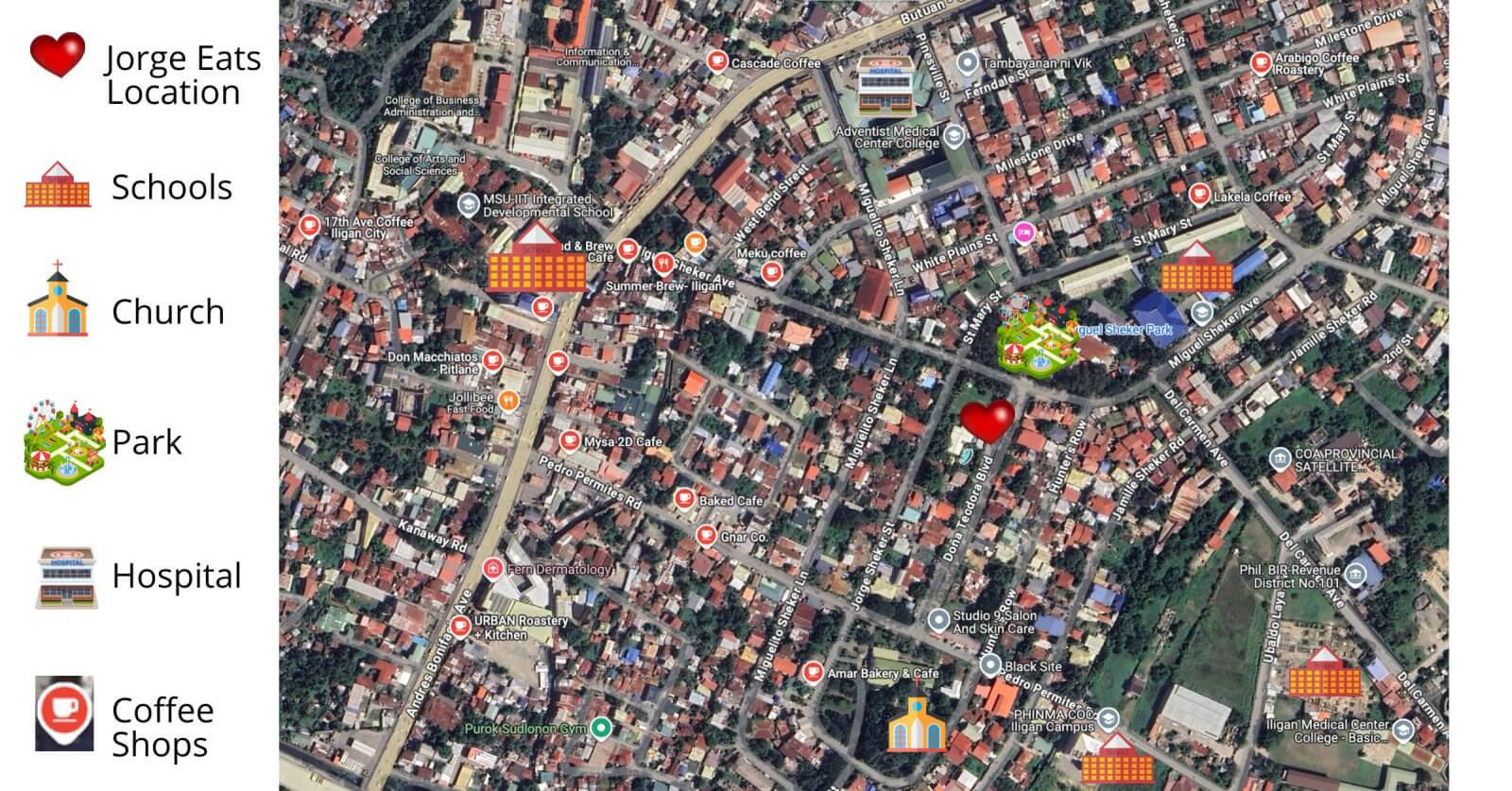 Aerial map of Iligan City showcasing schools park coffee shops church hospital and Jorge Eats location perfect for exploring potential commercial space or rent opportunities with icons