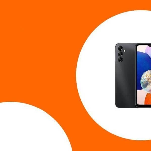 Samsung Galaxy with colorful screen on an orange background inside a white circle.