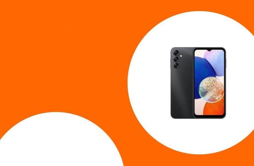 Samsung Galaxy with colorful screen on an orange background inside a white circle.